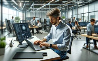 An IT Technician working on a laptop in a modern office surrounded by advanced IT equipment.