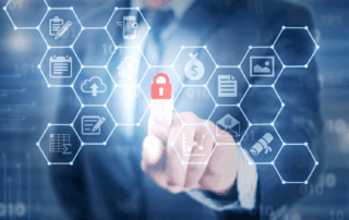 IT Security, man pressing a red security padlock with his index finger