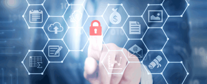 IT Security, man pressing a red security padlock with his index finger