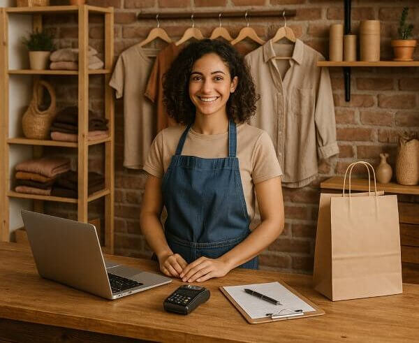 Small-Business-Owner Small business owner behind a counter