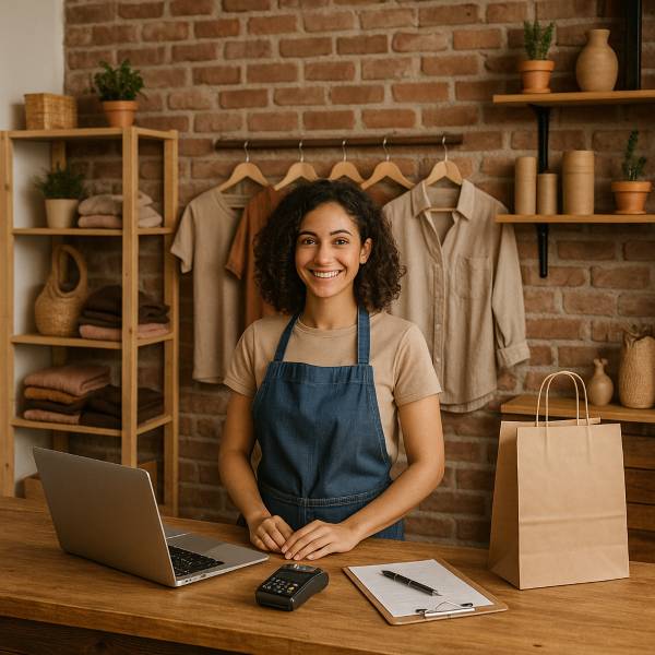Small business owner behind a counter