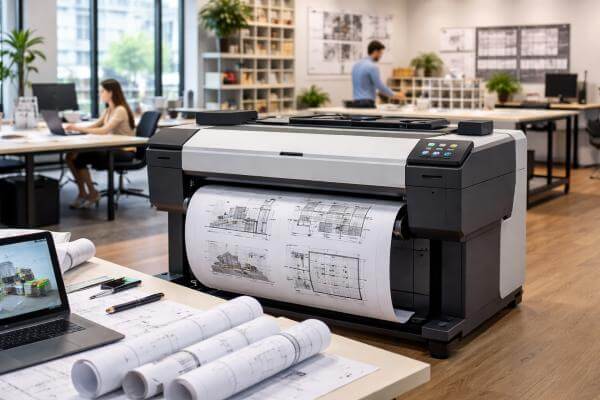 A studio environment with a large format printer producing architectural drawings
