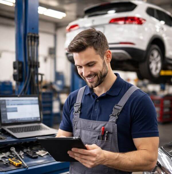 Car Mechanic Technician working with diagnostic equipment