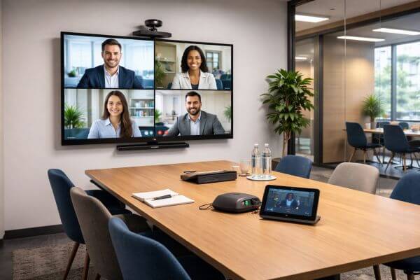 A serviced office meeting room with a screen, camera, and conferencing setup