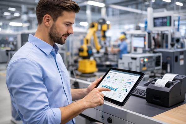 A manufacturing supervisor checking production metrics on a tablet in a modern factory environment