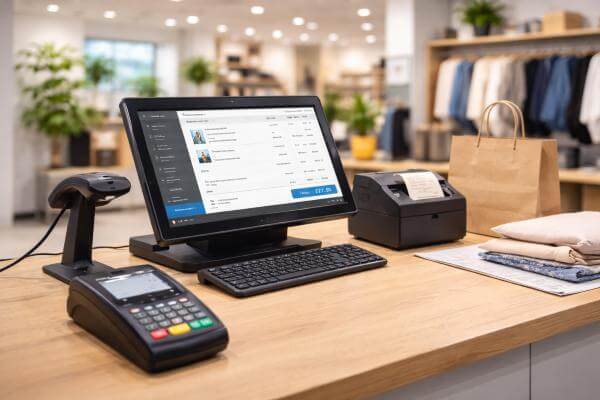checkout counter with card payment terminal, receipt printer and a till system