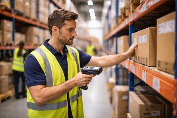 A warehouse operative scanning items on racking using a handheld barcode scanner in a busy distribution centre