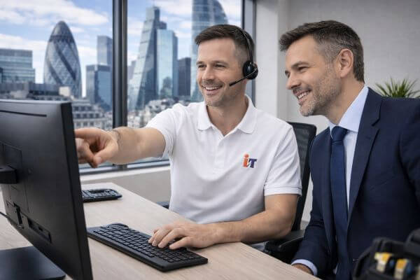 IT-Support-Technician-with-Client-in-London IT Support technician advising a client while pointing at the computer screen